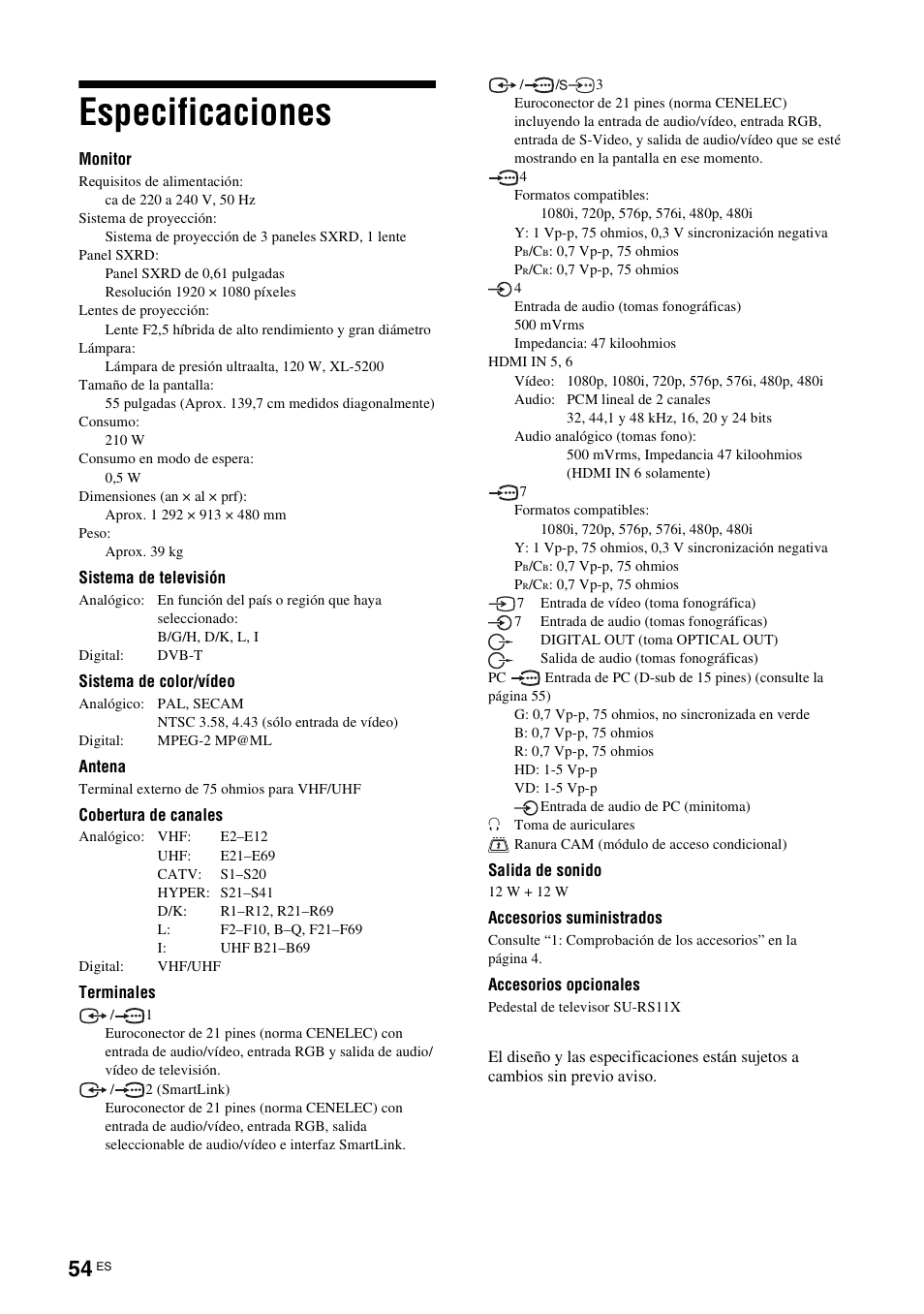 Especificaciones | Sony KDS-70R2000 User Manual | Page 226 / 236