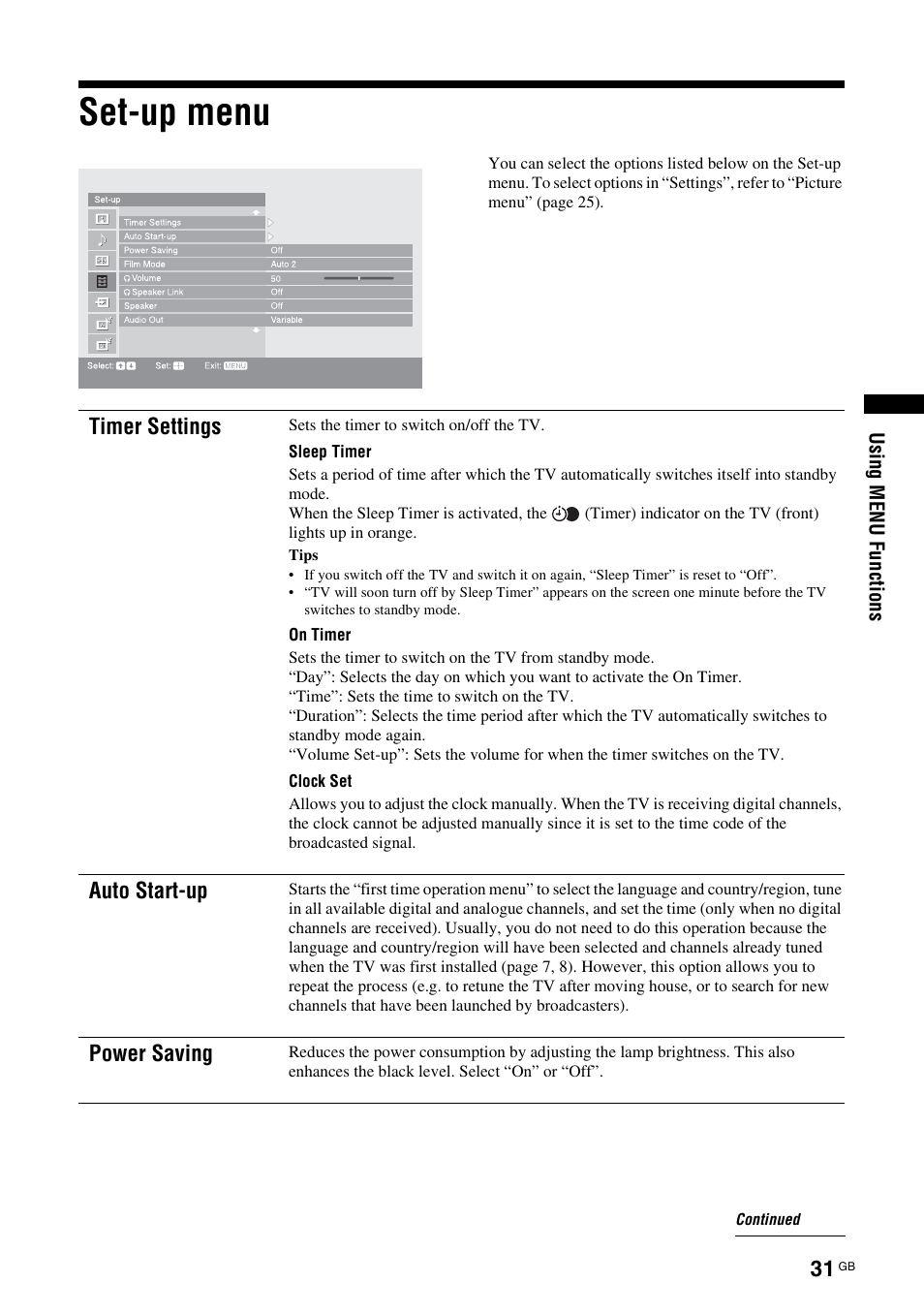 Set-up menu | Sony KDS-70R2000 User Manual | Page 31 / 236