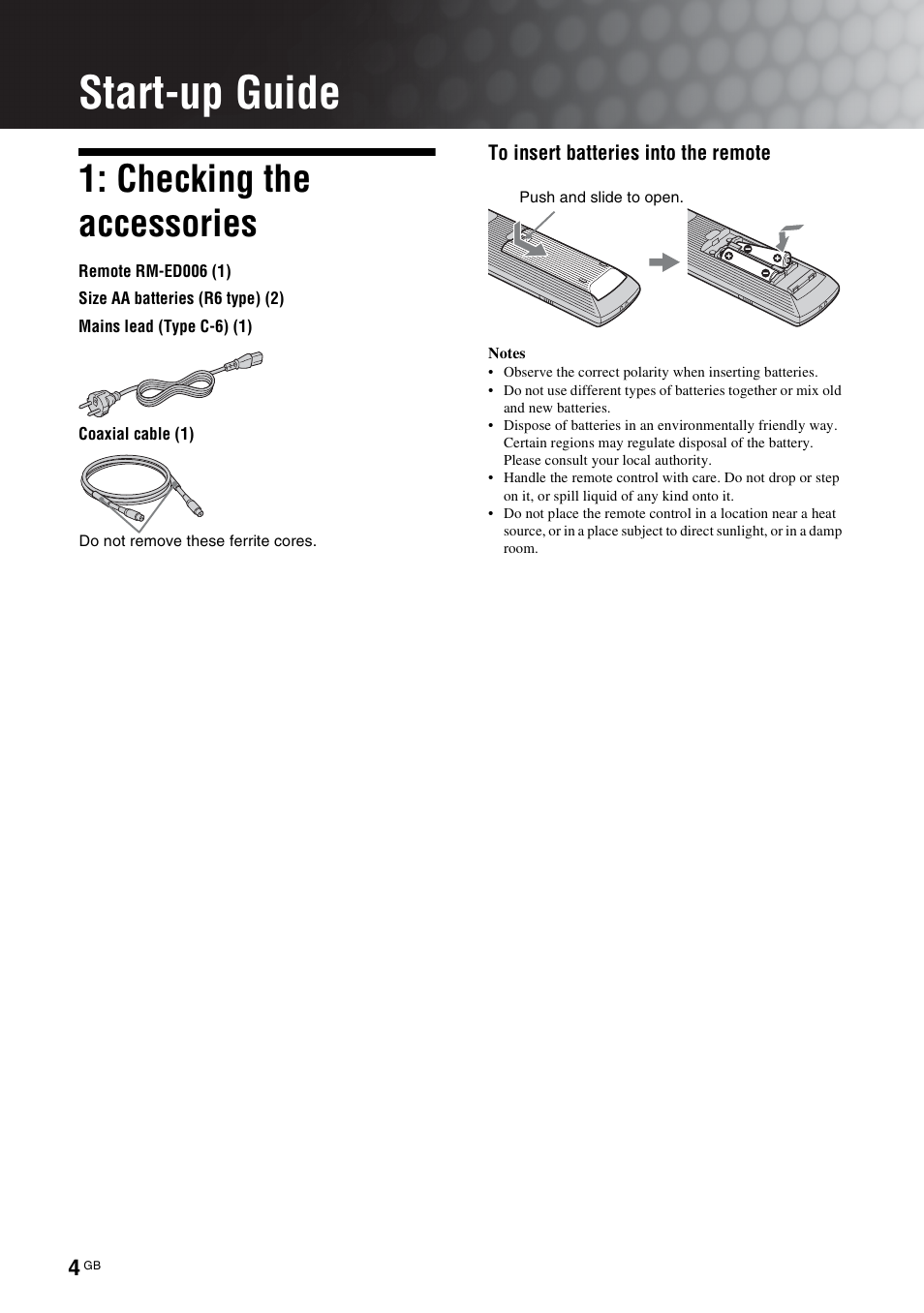 Start-up guide, Checking the accessories | Sony KDS-70R2000 User Manual | Page 4 / 236