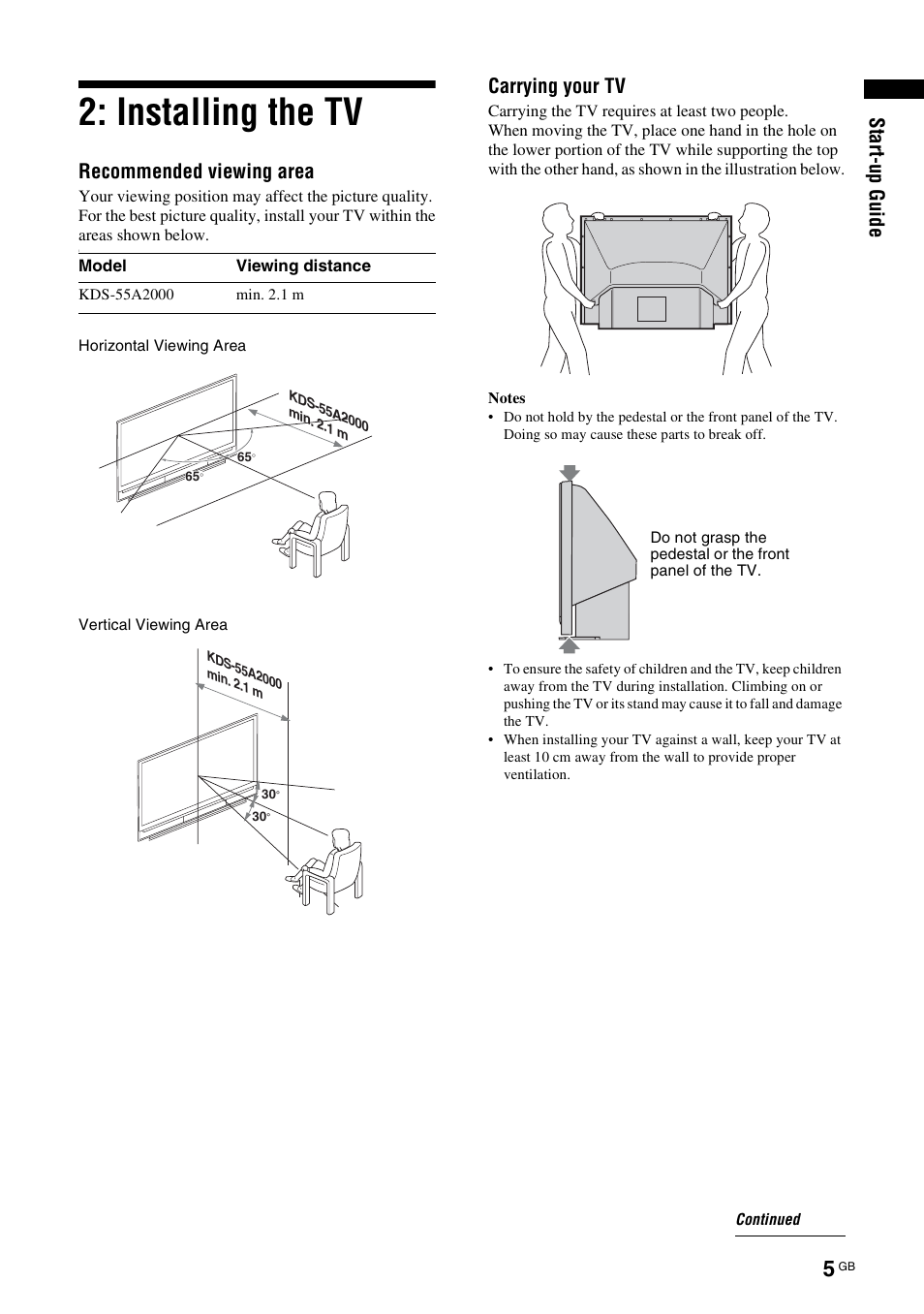 Installing the tv, St art -u p gui d e, Recommended viewing area | Carrying your tv | Sony KDS-70R2000 User Manual | Page 5 / 236