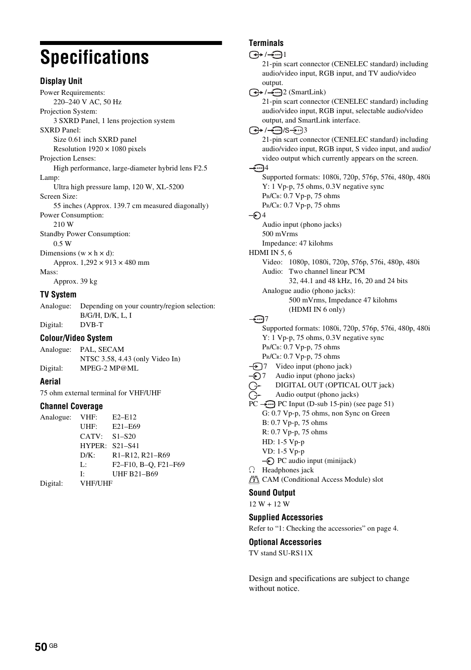 Specifications | Sony KDS-70R2000 User Manual | Page 50 / 236