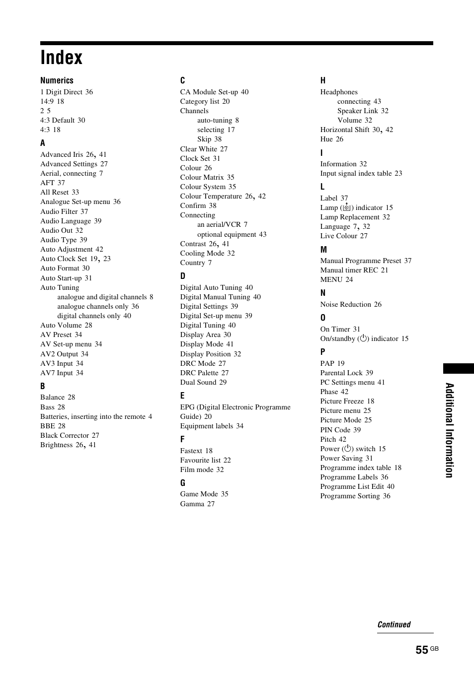 Index | Sony KDS-70R2000 User Manual | Page 55 / 236