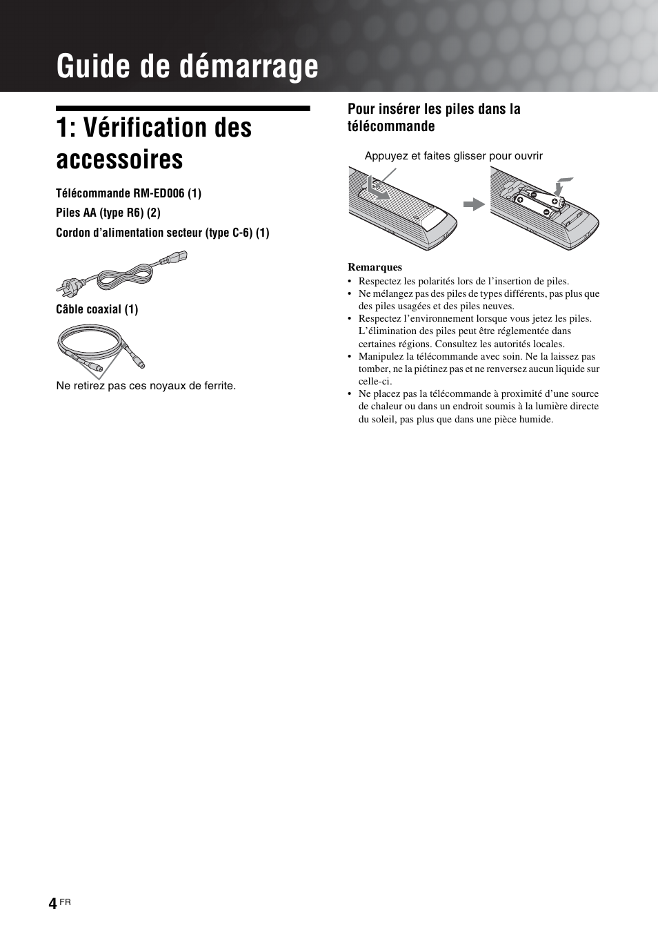 Guide de démarrage, Vérification des accessoires | Sony KDS-70R2000 User Manual | Page 60 / 236