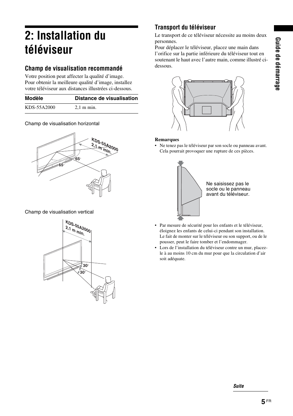 Installation du téléviseur, Gui de d e démar ra ge, Champ de visualisation recommandé | Transport du téléviseur | Sony KDS-70R2000 User Manual | Page 61 / 236