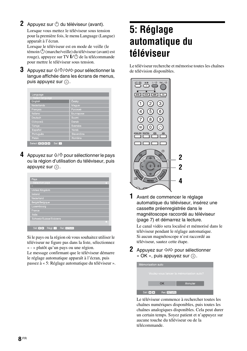 Réglage automatique du téléviseur | Sony KDS-70R2000 User Manual | Page 64 / 236