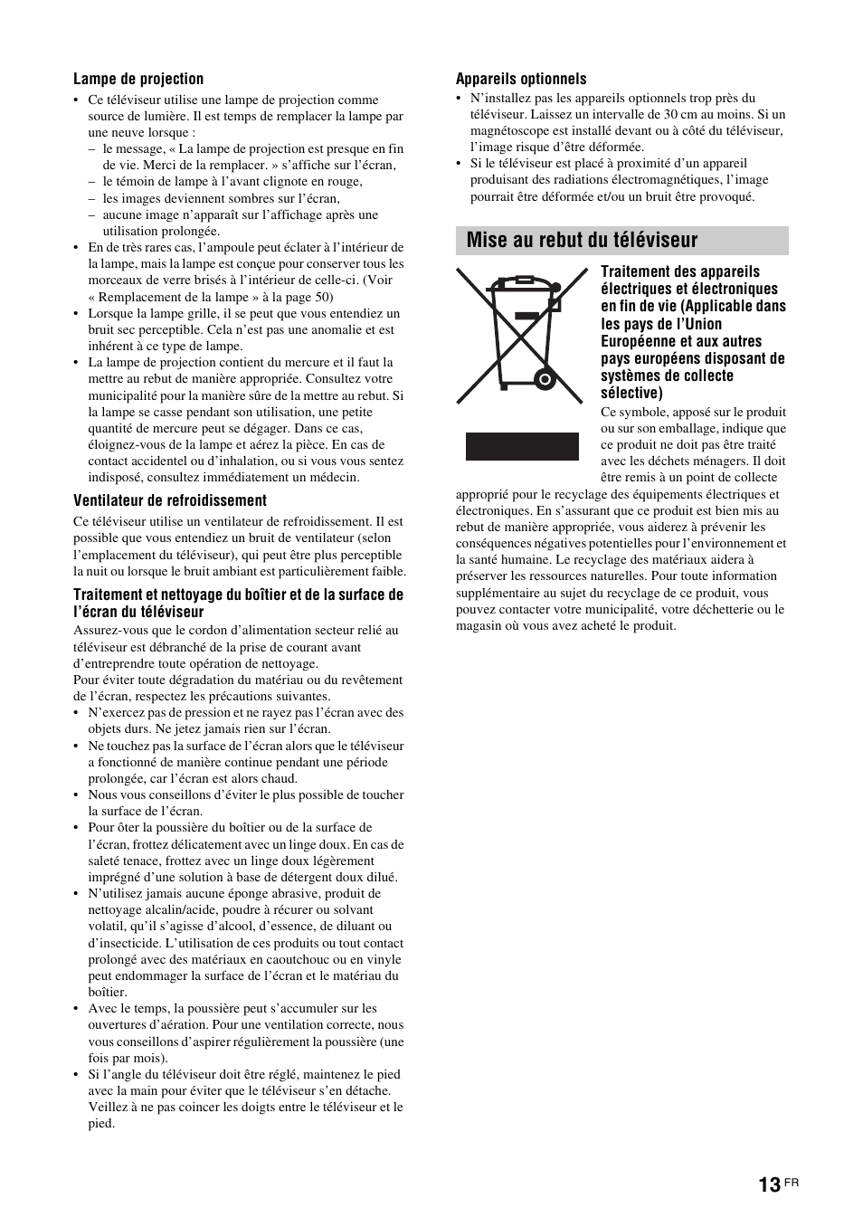 Mise au rebut du téléviseur | Sony KDS-70R2000 User Manual | Page 69 / 236