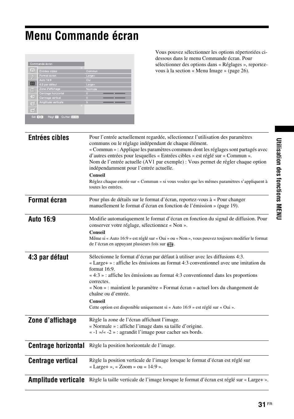 Menu commande écran | Sony KDS-70R2000 User Manual | Page 87 / 236