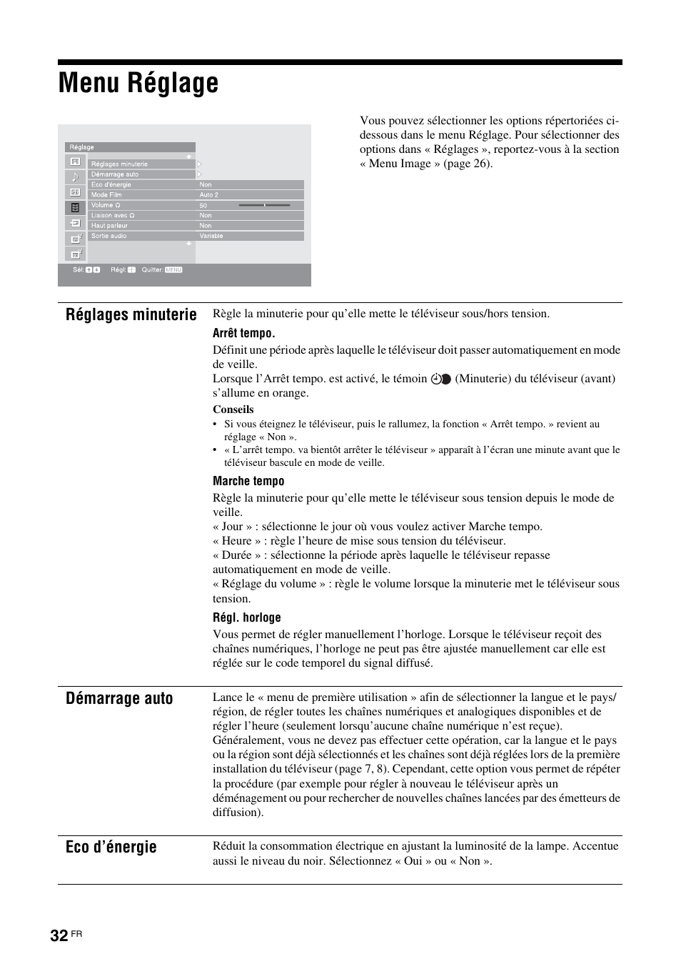 Menu réglage, Réglages minuterie, Démarrage auto | Eco d’énergie | Sony KDS-70R2000 User Manual | Page 88 / 236