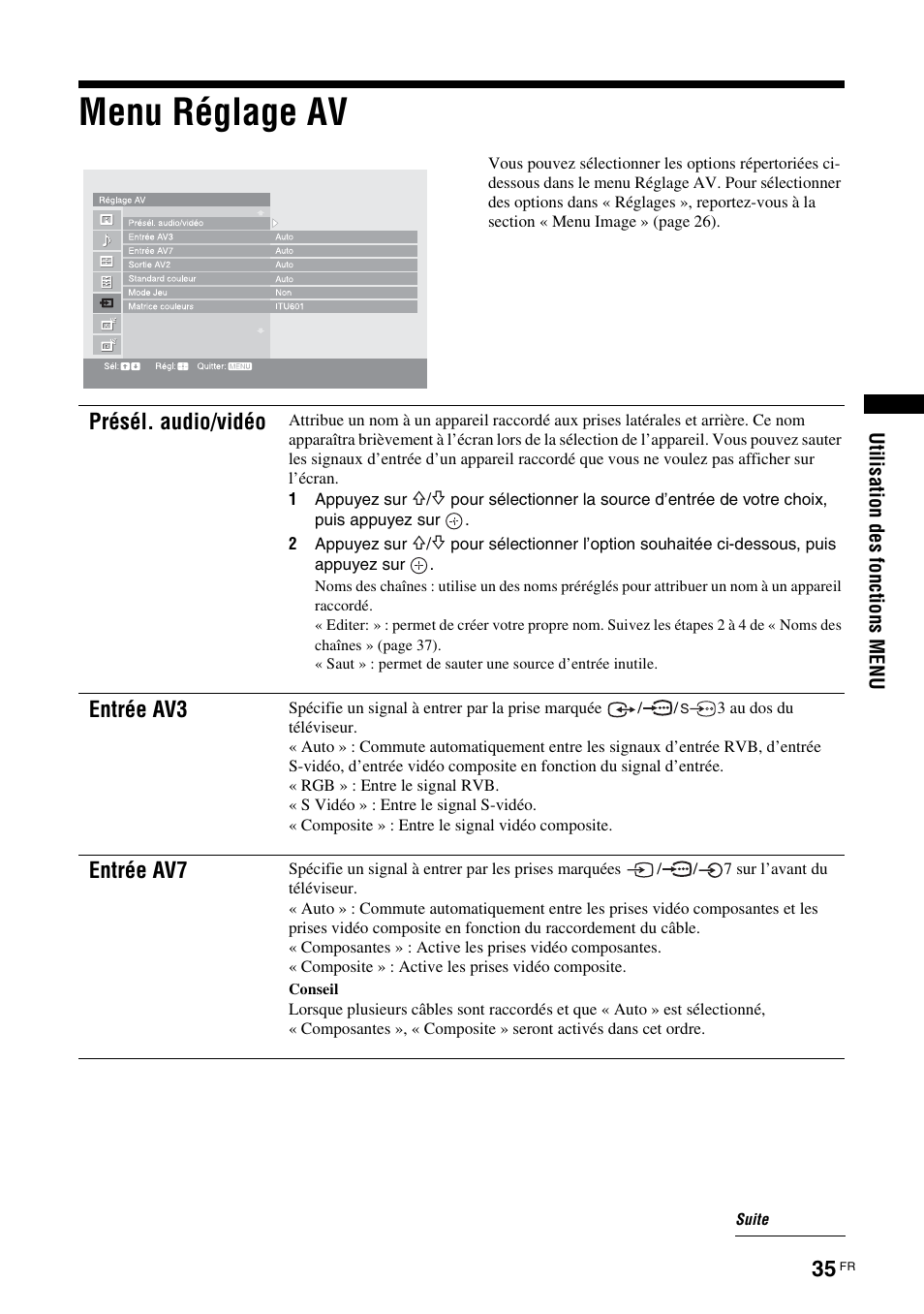 Menu réglage av | Sony KDS-70R2000 User Manual | Page 91 / 236