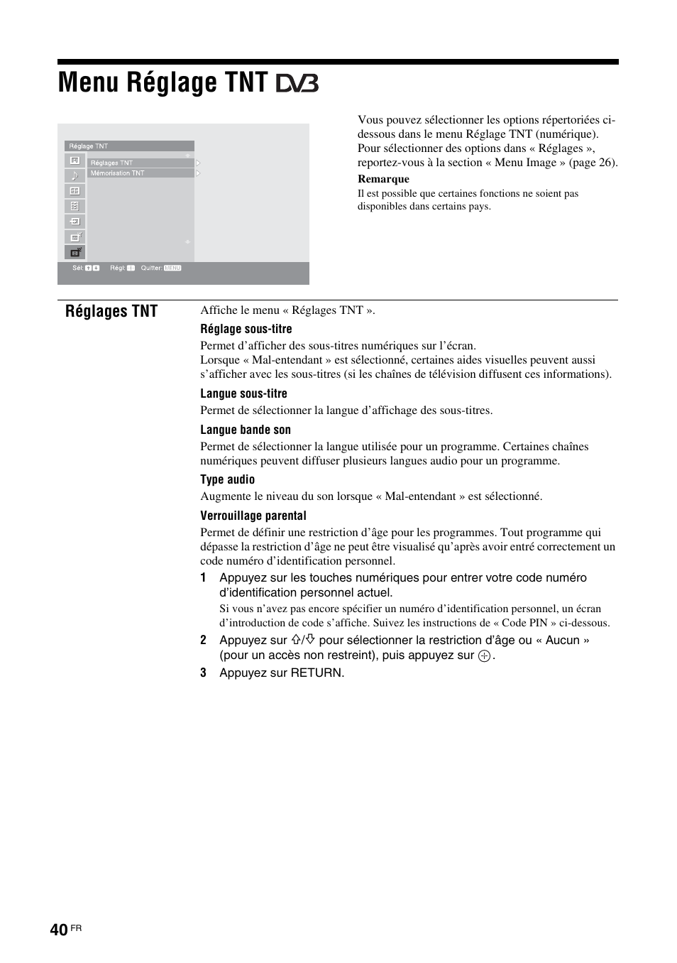 Menu réglage tnt, Réglages tnt | Sony KDS-70R2000 User Manual | Page 96 / 236