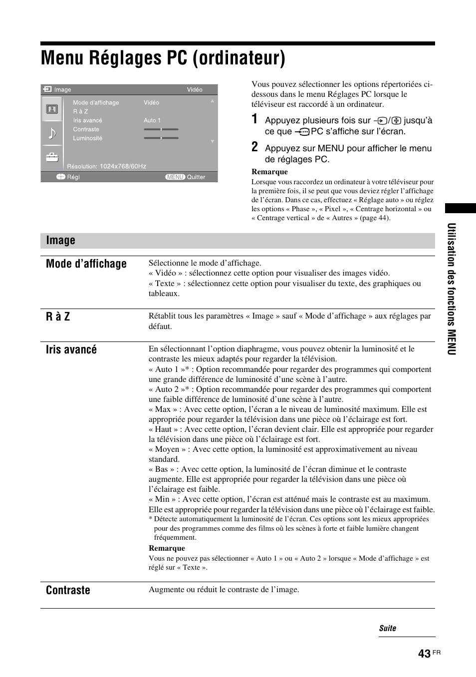 Menu réglages pc (ordinateur) | Sony KDS-70R2000 User Manual | Page 99 / 236