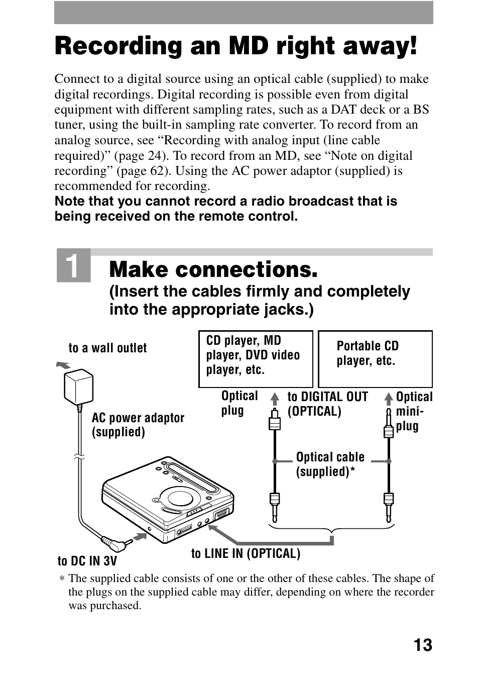 Recording an md right away, Make connections | Sony MD Walkman MZ-G755 User Manual | Page 13 / 76