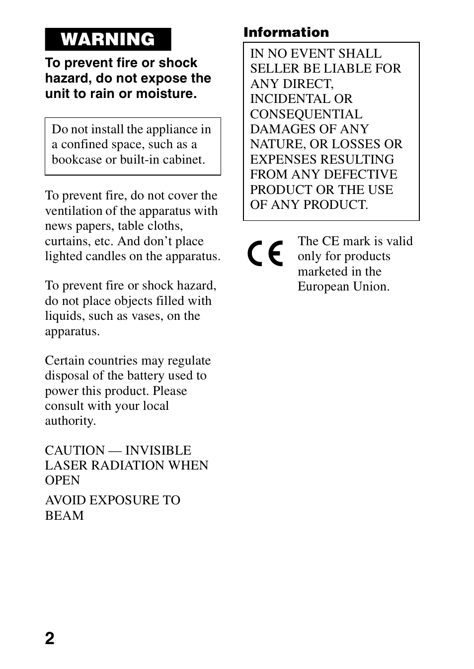 Warning | Sony MD Walkman MZ-G755 User Manual | Page 2 / 76