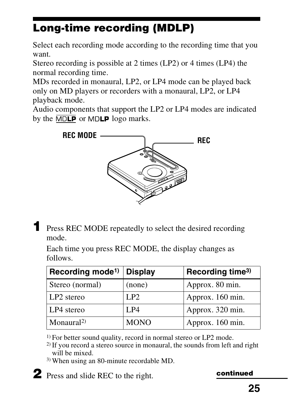 Long-time recording (mdlp), 25 long-time recording (mdlp) | Sony MD Walkman MZ-G755 User Manual | Page 25 / 76