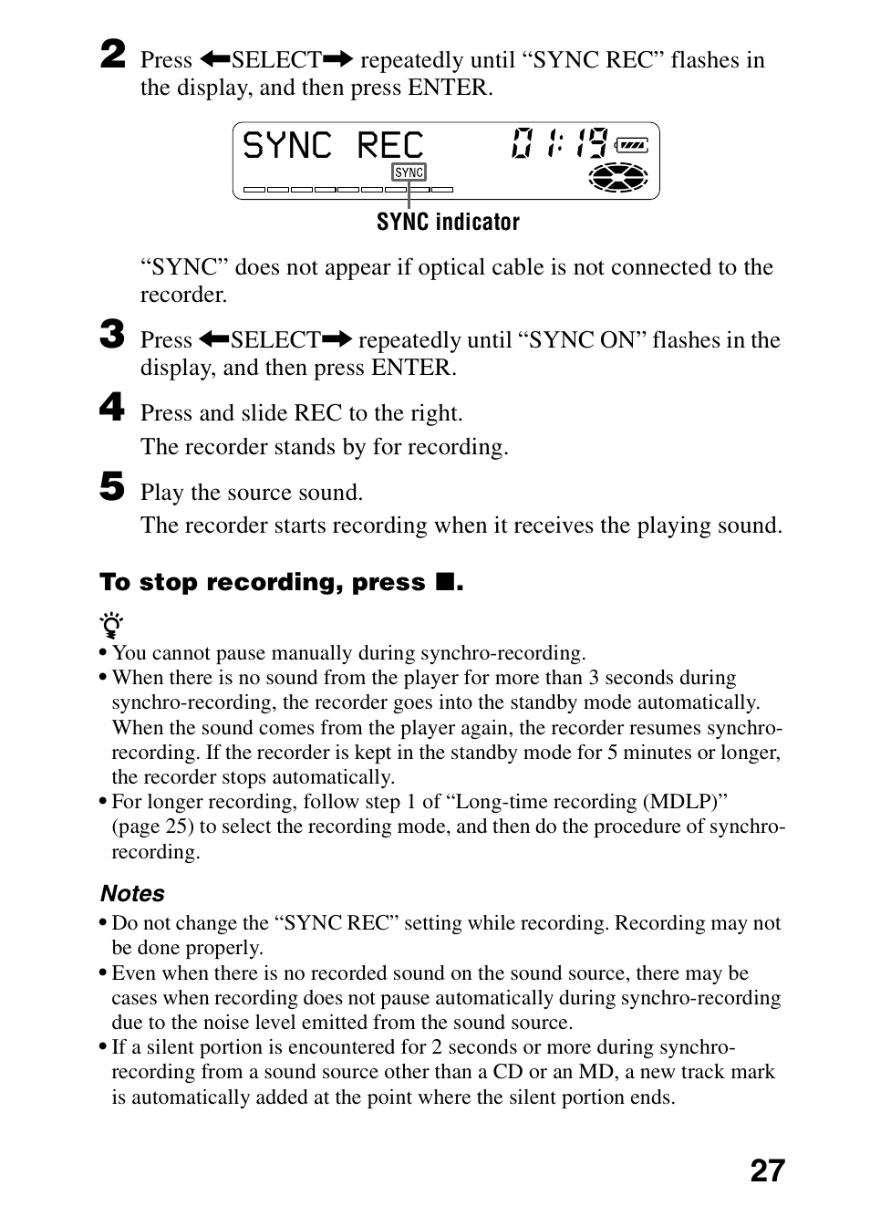 Sync rec | Sony MD Walkman MZ-G755 User Manual | Page 27 / 76