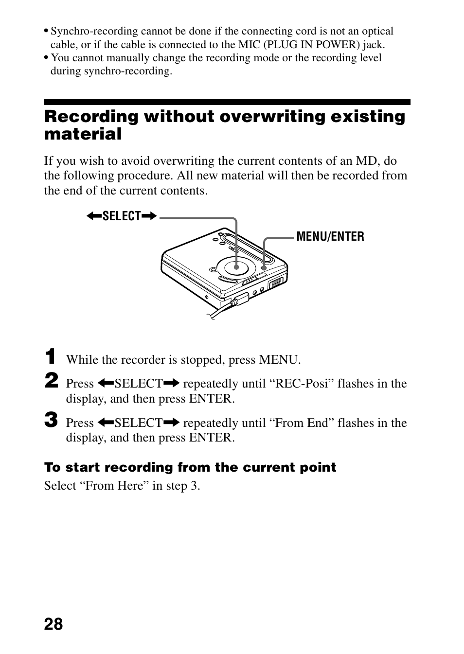 Recording without overwriting existing material | Sony MD Walkman MZ-G755 User Manual | Page 28 / 76