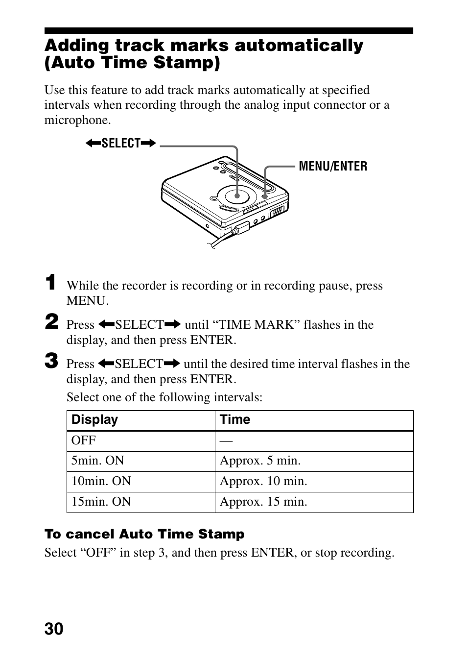 Adding track marks automatically (auto time stamp) | Sony MD Walkman MZ-G755 User Manual | Page 30 / 76