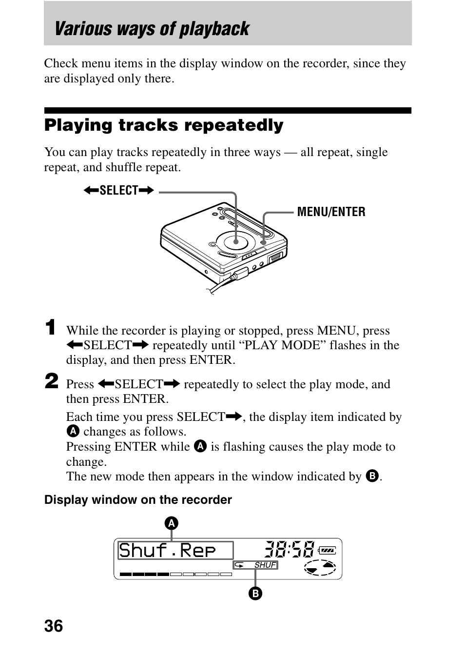 Various ways of playback, Playing tracks repeatedly, Shuf.rep | Sony MD Walkman MZ-G755 User Manual | Page 36 / 76