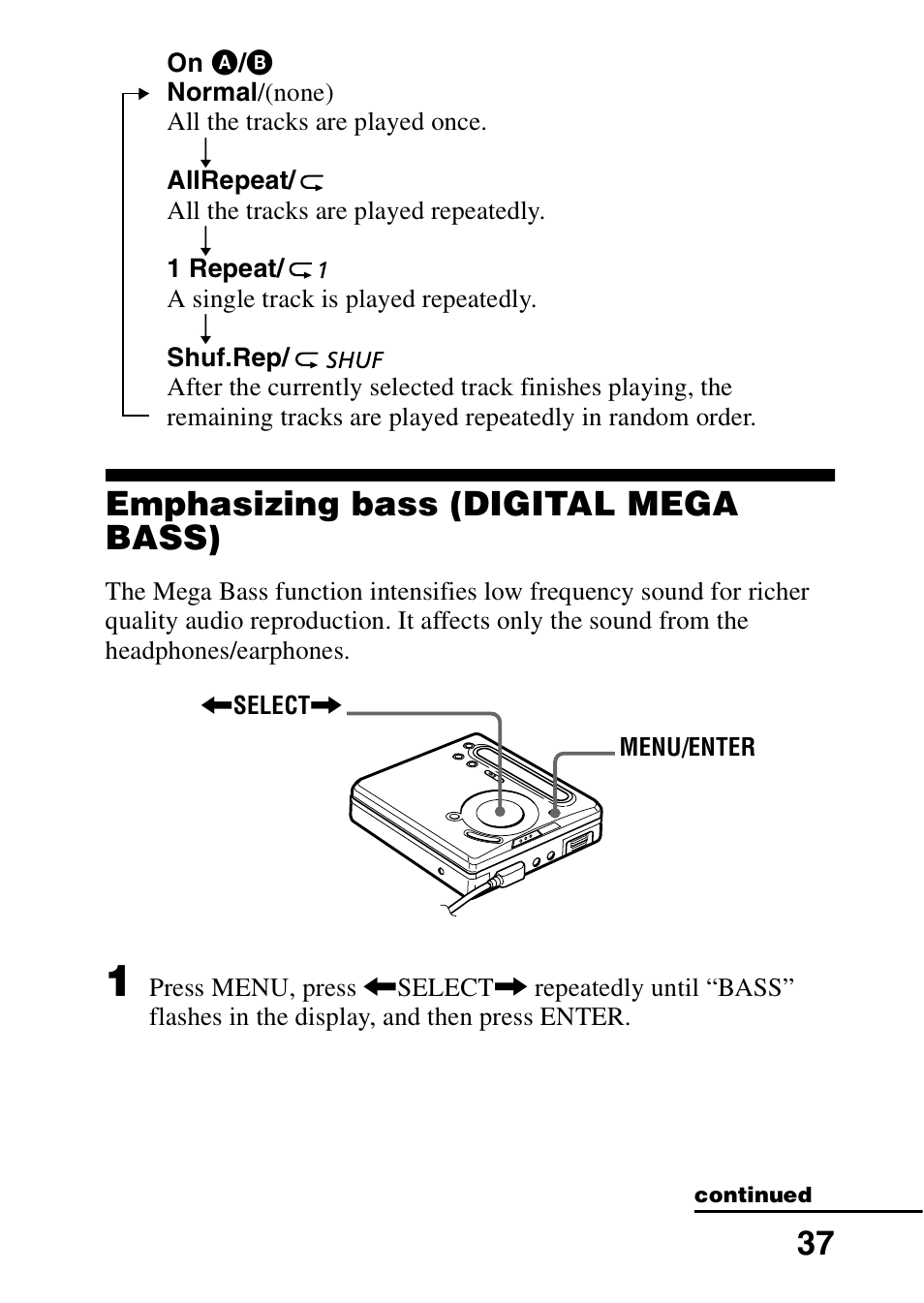Emphasizing bass (digital mega bass) | Sony MD Walkman MZ-G755 User Manual | Page 37 / 76