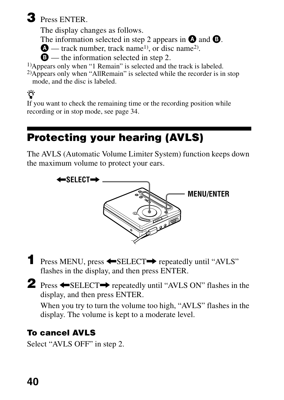 Protecting your hearing (avls), On (40) | Sony MD Walkman MZ-G755 User Manual | Page 40 / 76