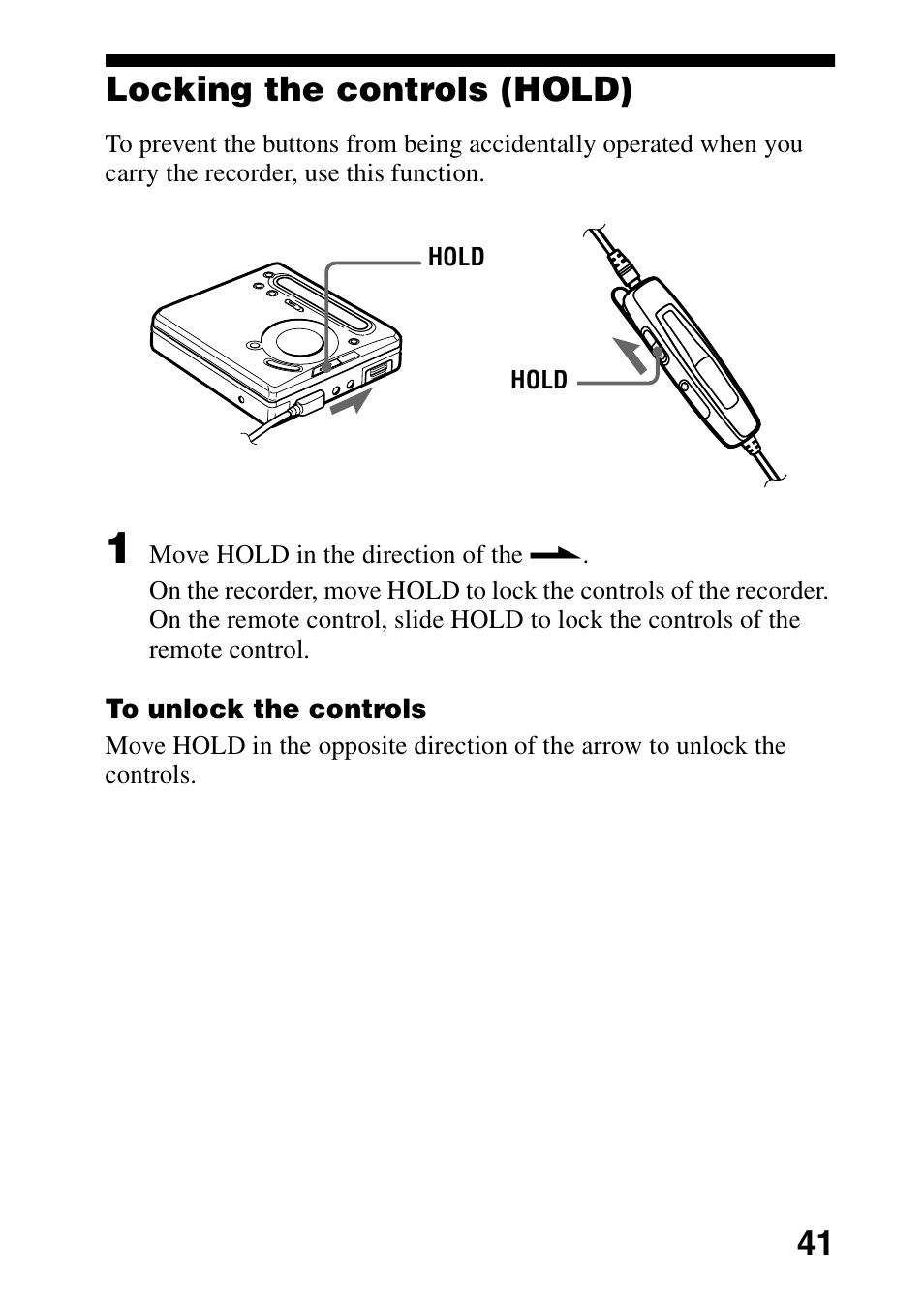 Locking the controls (hold), 41 locking the controls (hold) | Sony MD Walkman MZ-G755 User Manual | Page 41 / 76