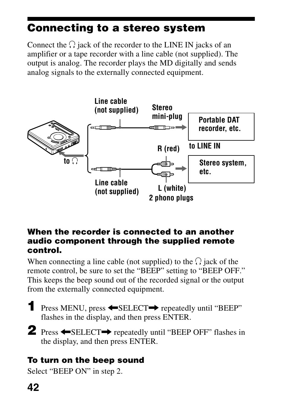 Connecting to a stereo system, 42 connecting to a stereo system | Sony MD Walkman MZ-G755 User Manual | Page 42 / 76