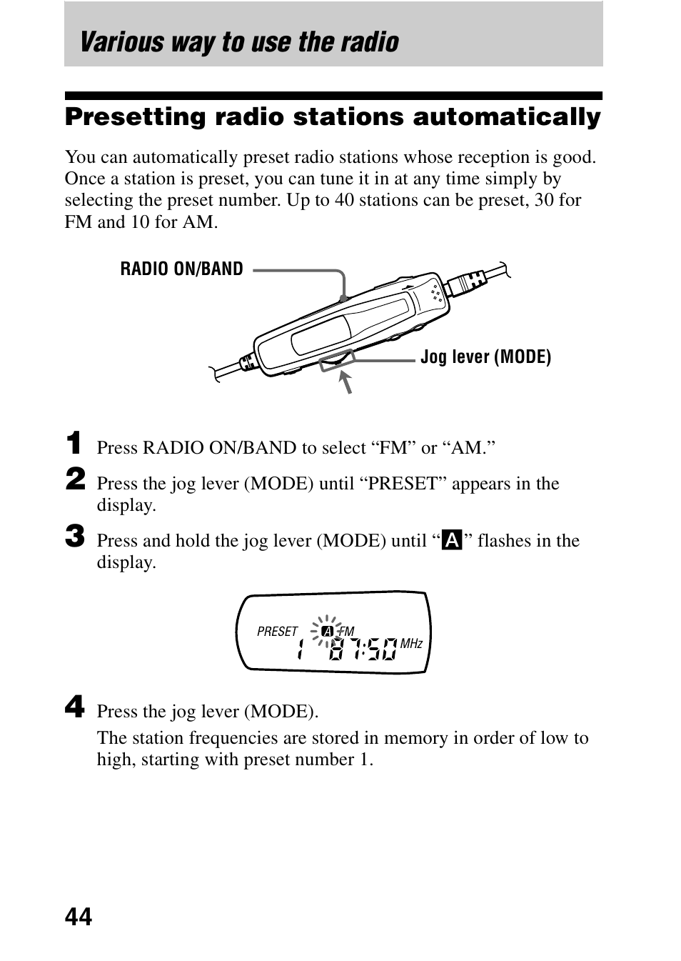 Various way to use the radio, Presetting radio stations automatically | Sony MD Walkman MZ-G755 User Manual | Page 44 / 76