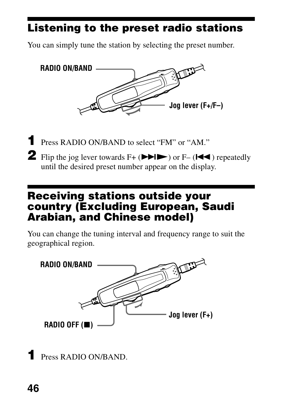 Listening to the preset radio stations, Arabian, and chinese model) | Sony MD Walkman MZ-G755 User Manual | Page 46 / 76