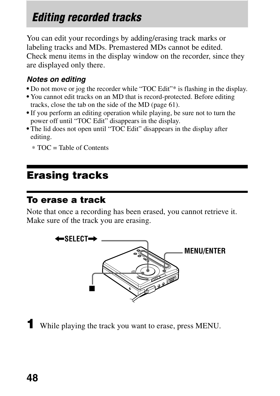Editing recorded tracks, Erasing tracks, To erase a track | Sony MD Walkman MZ-G755 User Manual | Page 48 / 76