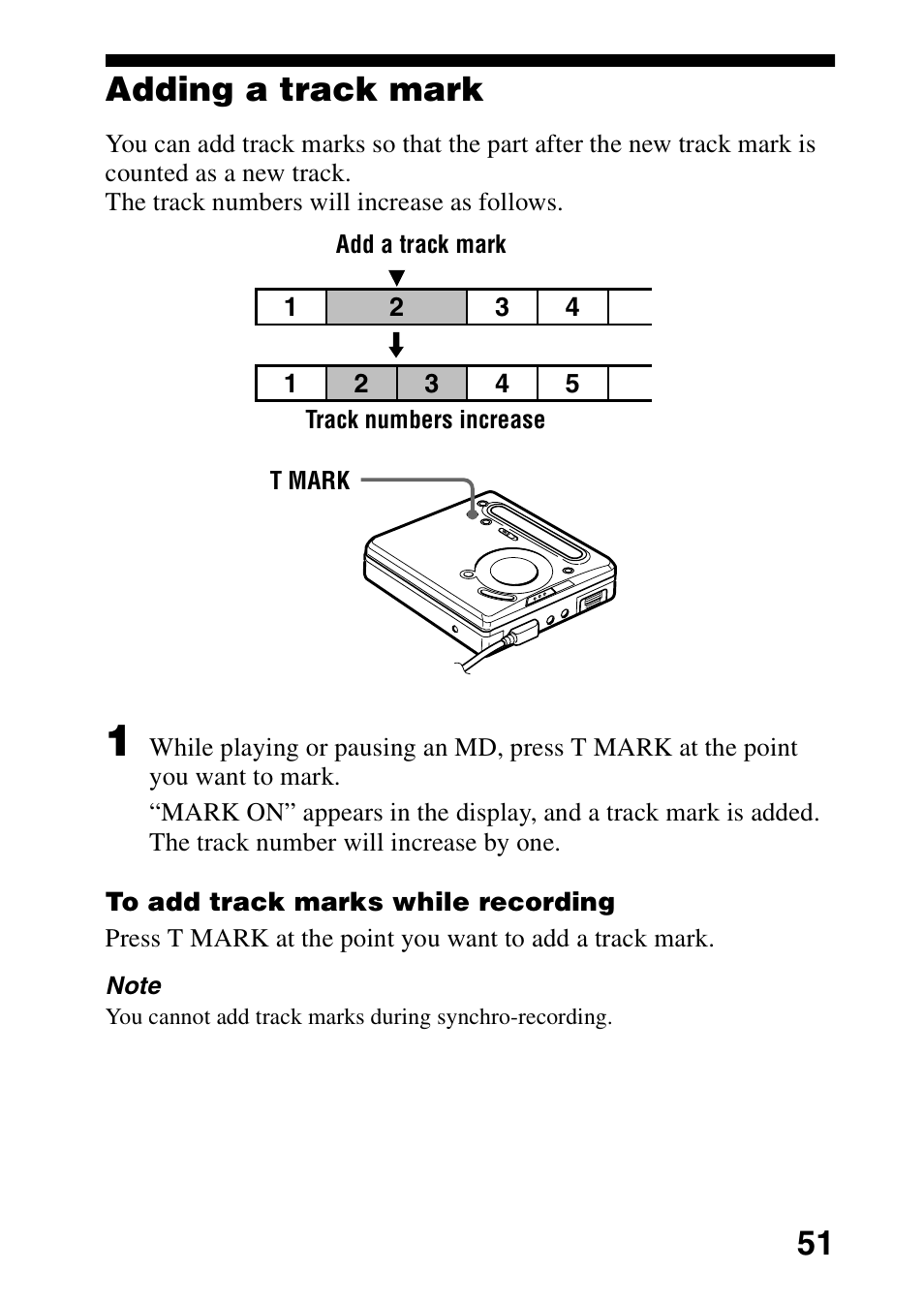 Adding a track mark, 51 adding a track mark | Sony MD Walkman MZ-G755 User Manual | Page 51 / 76
