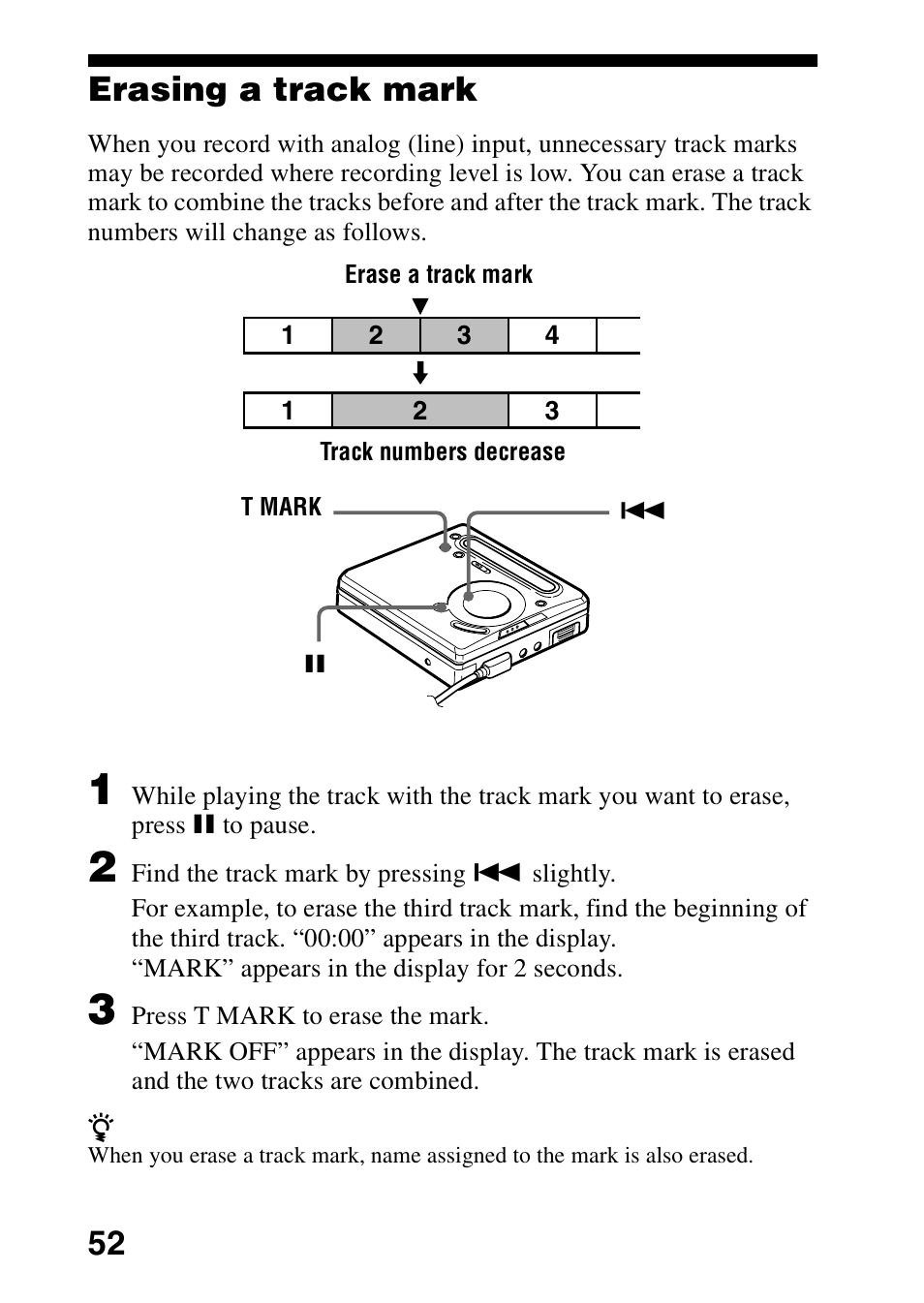 Erasing a track mark, 52 erasing a track mark | Sony MD Walkman MZ-G755 User Manual | Page 52 / 76