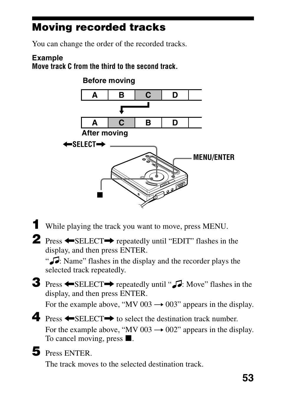 Moving recorded tracks, 53 moving recorded tracks | Sony MD Walkman MZ-G755 User Manual | Page 53 / 76