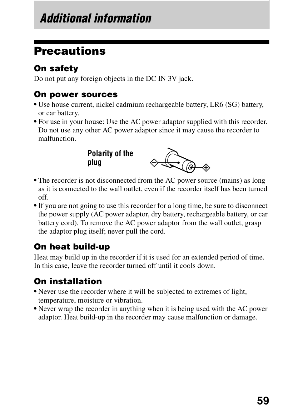 Additional information, Precautions | Sony MD Walkman MZ-G755 User Manual | Page 59 / 76