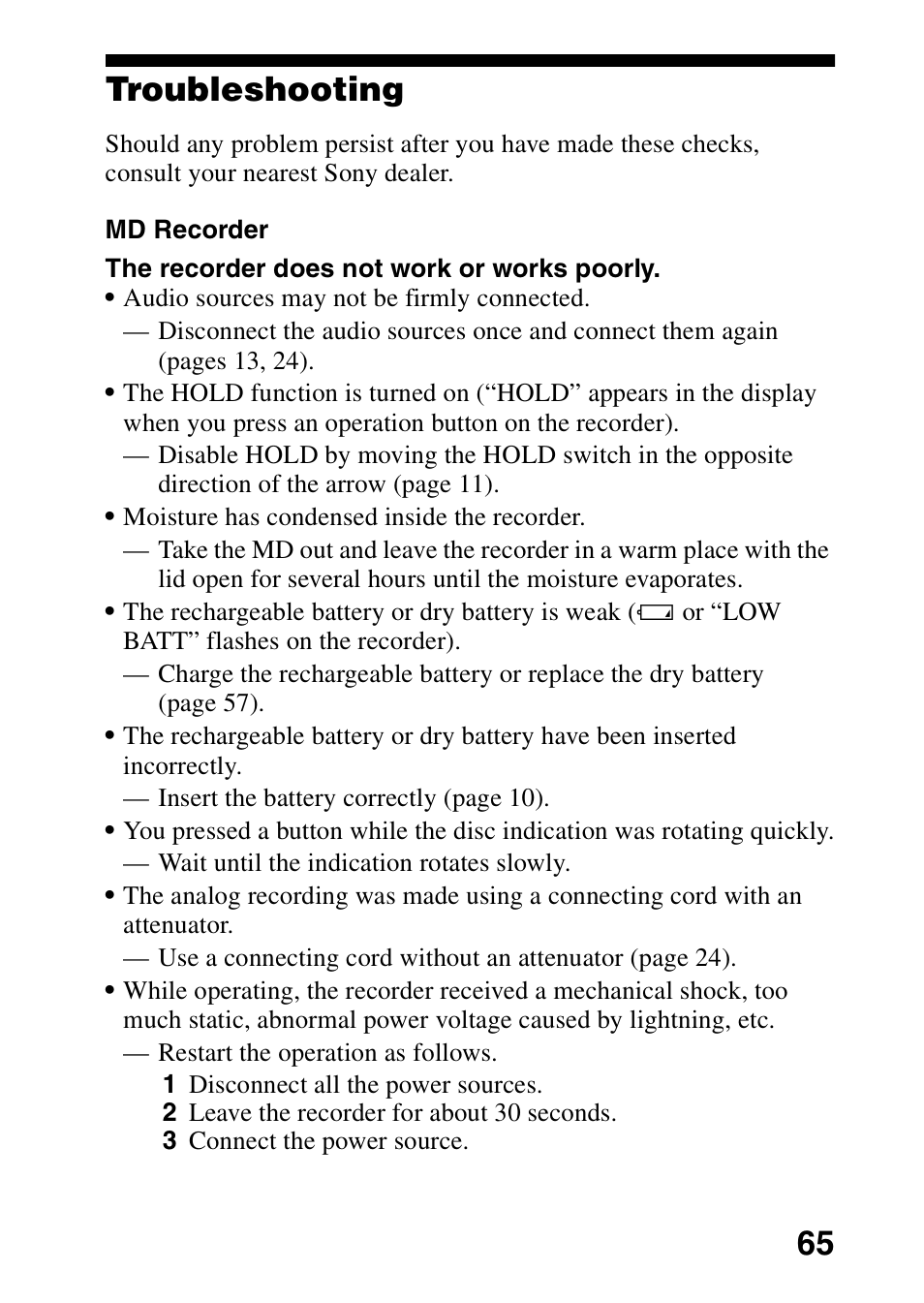 Troubleshooting, 65 troubleshooting | Sony MD Walkman MZ-G755 User Manual | Page 65 / 76