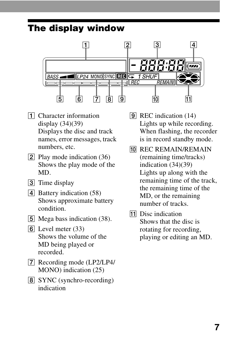 The display window, 7the display window | Sony MD Walkman MZ-G755 User Manual | Page 7 / 76