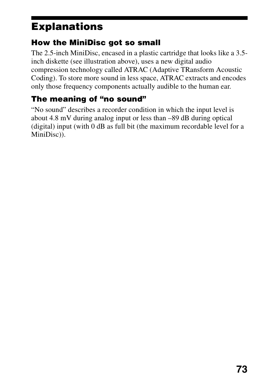 Explanations, 73 explanations | Sony MD Walkman MZ-G755 User Manual | Page 73 / 76