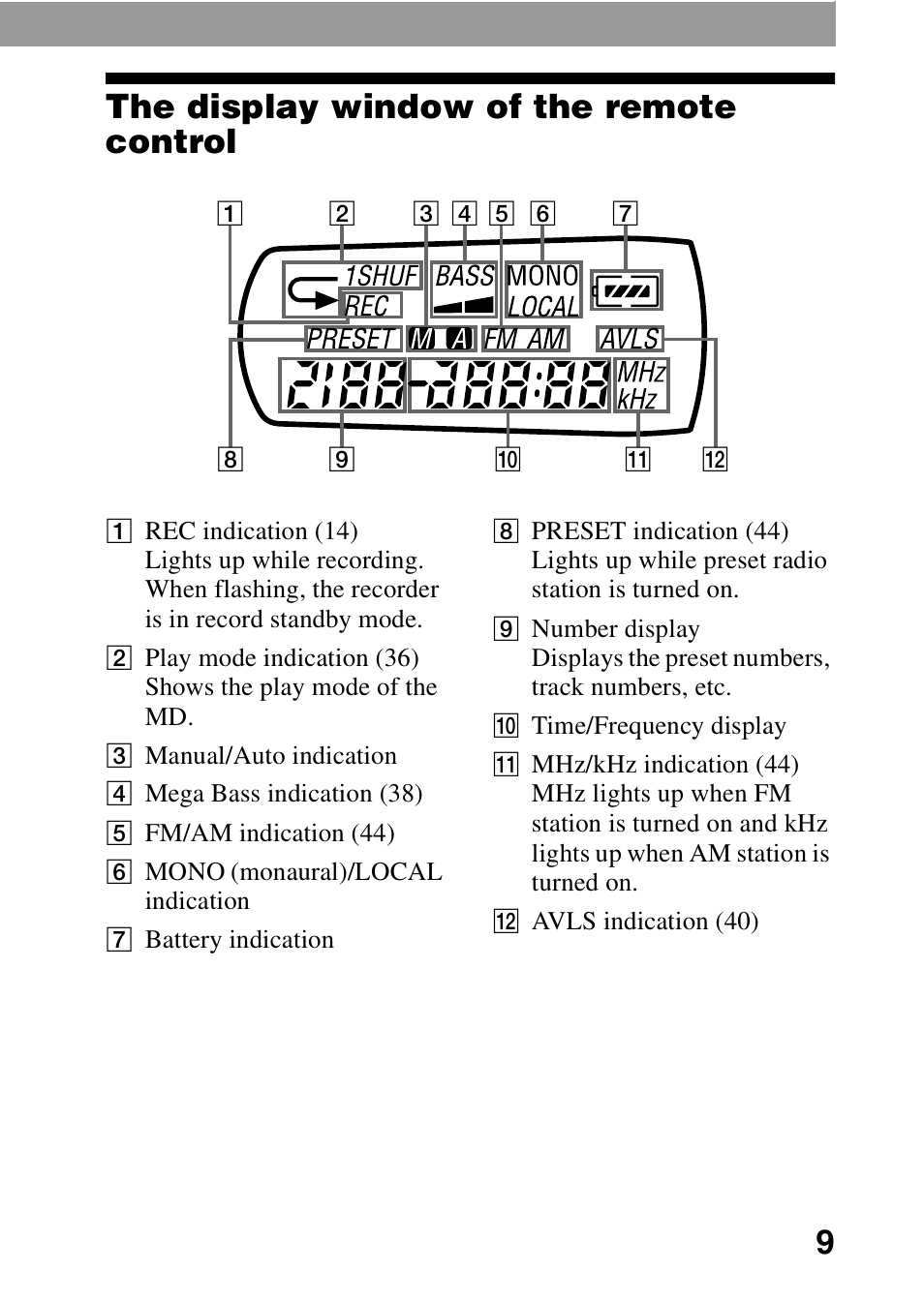 The display window of the remote control, 9the display window of the remote control | Sony MD Walkman MZ-G755 User Manual | Page 9 / 76