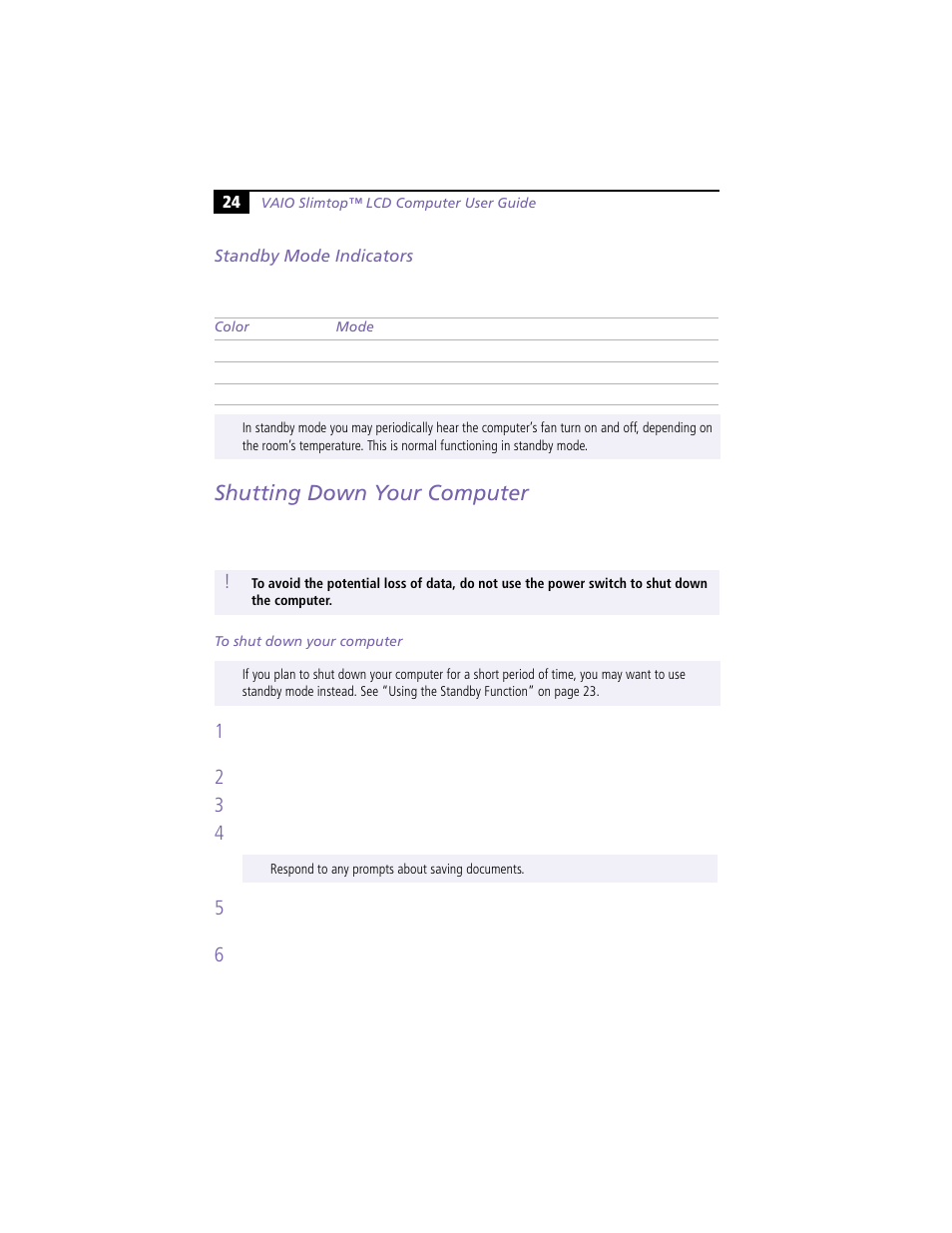 Standby mode indicators, Shutting down your computer | Sony VAIO PCV-L630 User Manual | Page 28 / 48