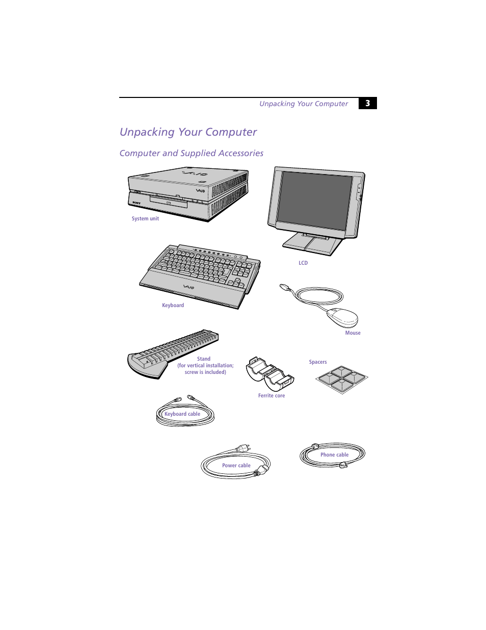 Unpacking your computer, Computer and supplied accessories | Sony VAIO PCV-L630 User Manual | Page 7 / 48