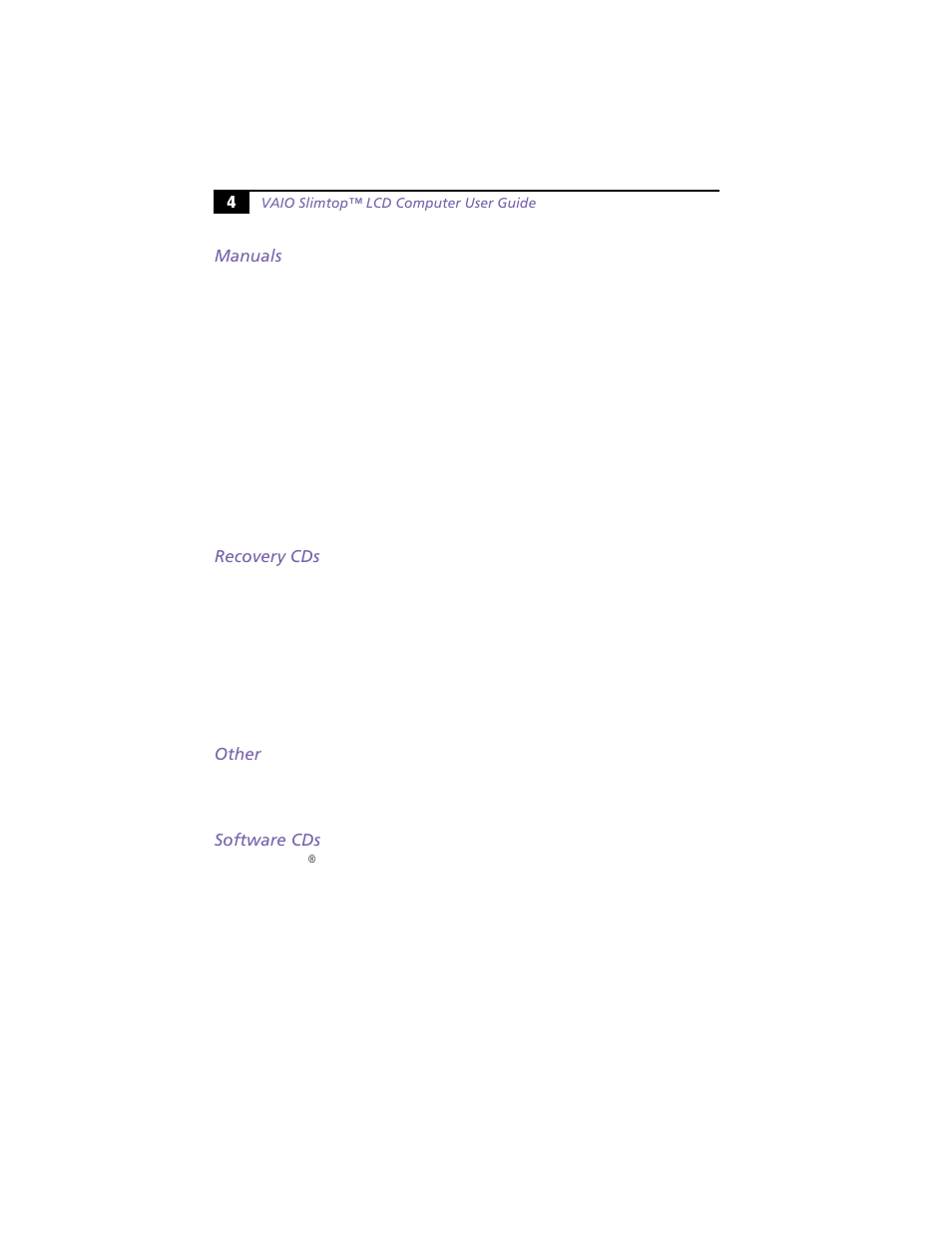Manuals, Recovery cds, Other | Software cds, Manuals recovery cds other software cds | Sony VAIO PCV-L630 User Manual | Page 8 / 48