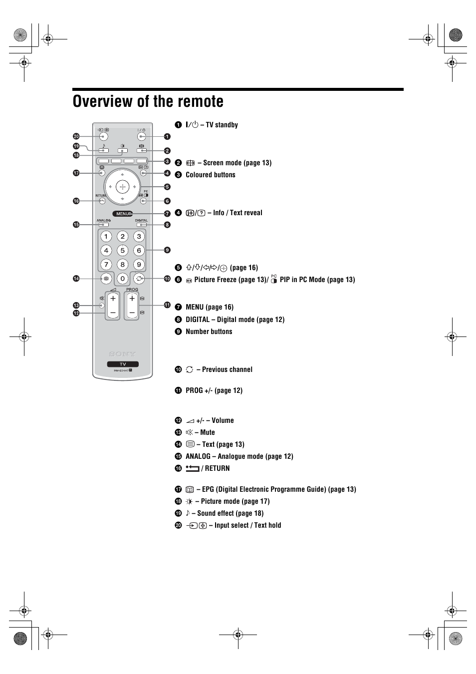 Overview of the remote | Sony BRAVIA KDL-26P25 User Manual | Page 11 / 83