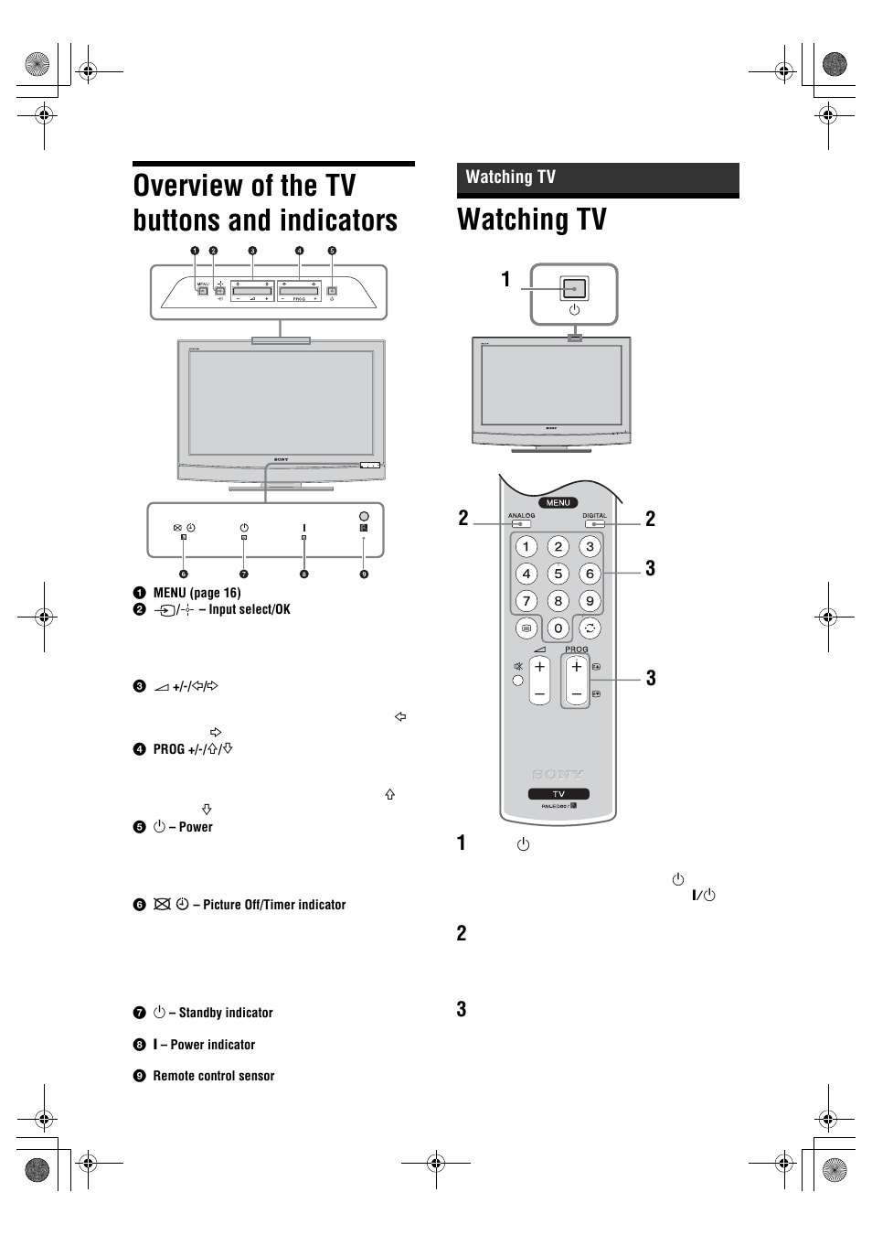 Overview of the tv buttons and indicators, Watching tv | Sony BRAVIA KDL-26P25 User Manual | Page 12 / 83
