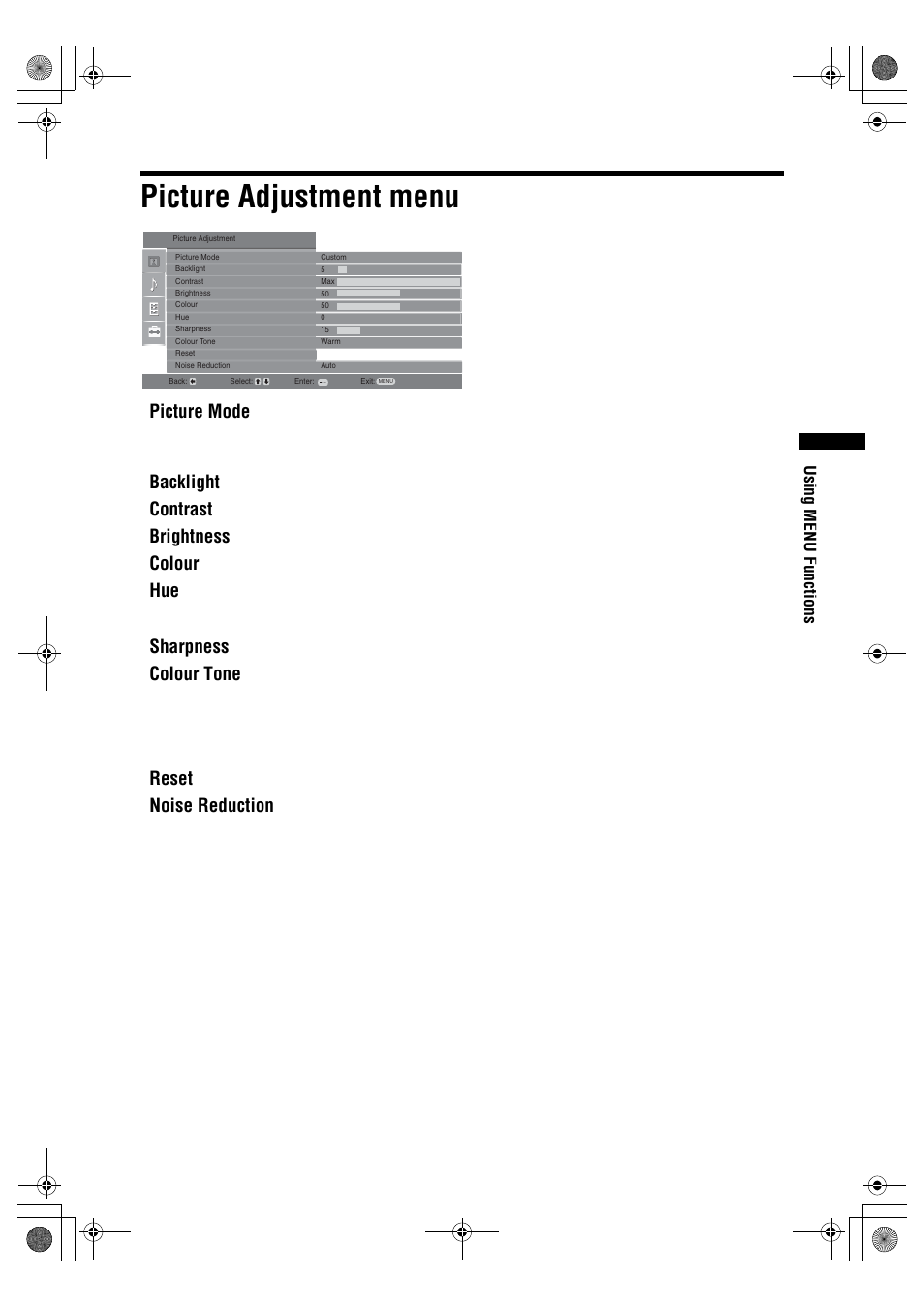 Picture adjustment menu, Picture mode, Backlight | Contrast, Brightness, Colour, Sharpness, Colour tone, Reset, Noise reduction | Sony BRAVIA KDL-26P25 User Manual | Page 17 / 83