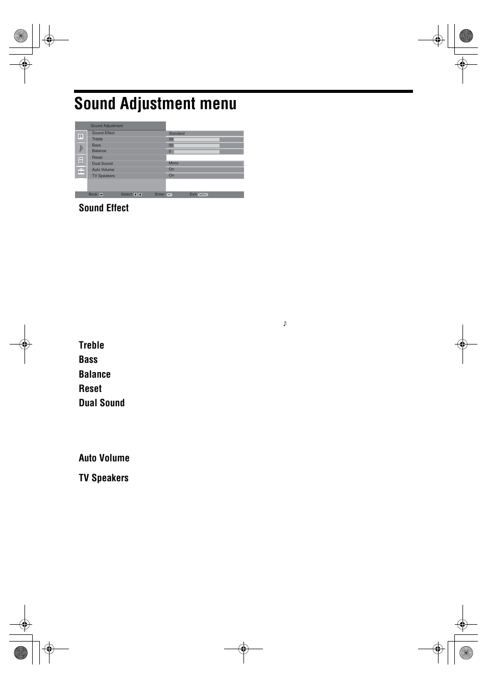 Sound adjustment menu, Sound effect, Treble | Bass, Balance, Reset, Dual sound, Auto volume, Tv speakers | Sony BRAVIA KDL-26P25 User Manual | Page 18 / 83