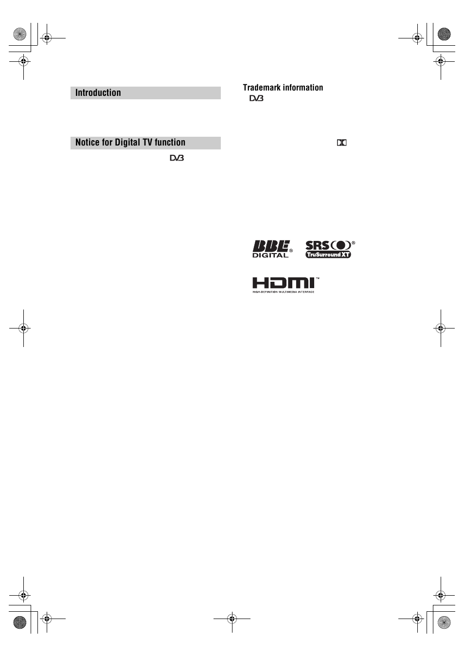 Introduction notice for digital tv function, Trademark information | Sony BRAVIA KDL-26P25 User Manual | Page 2 / 83