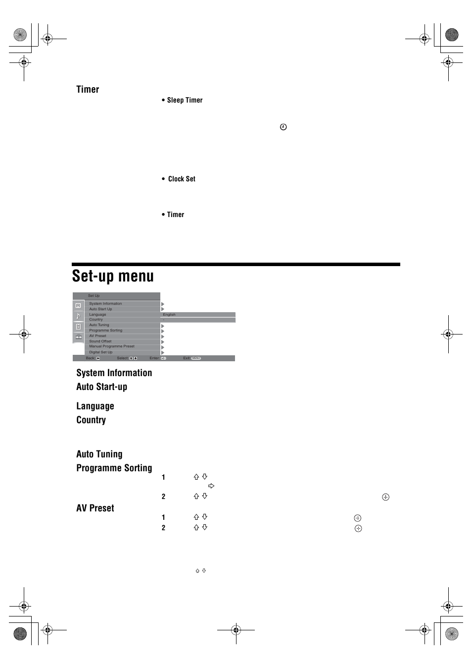 Set-up menu, Timer, System information | Auto start-up, Language, Country, Auto tuning, Programme sorting, Av preset | Sony BRAVIA KDL-26P25 User Manual | Page 20 / 83