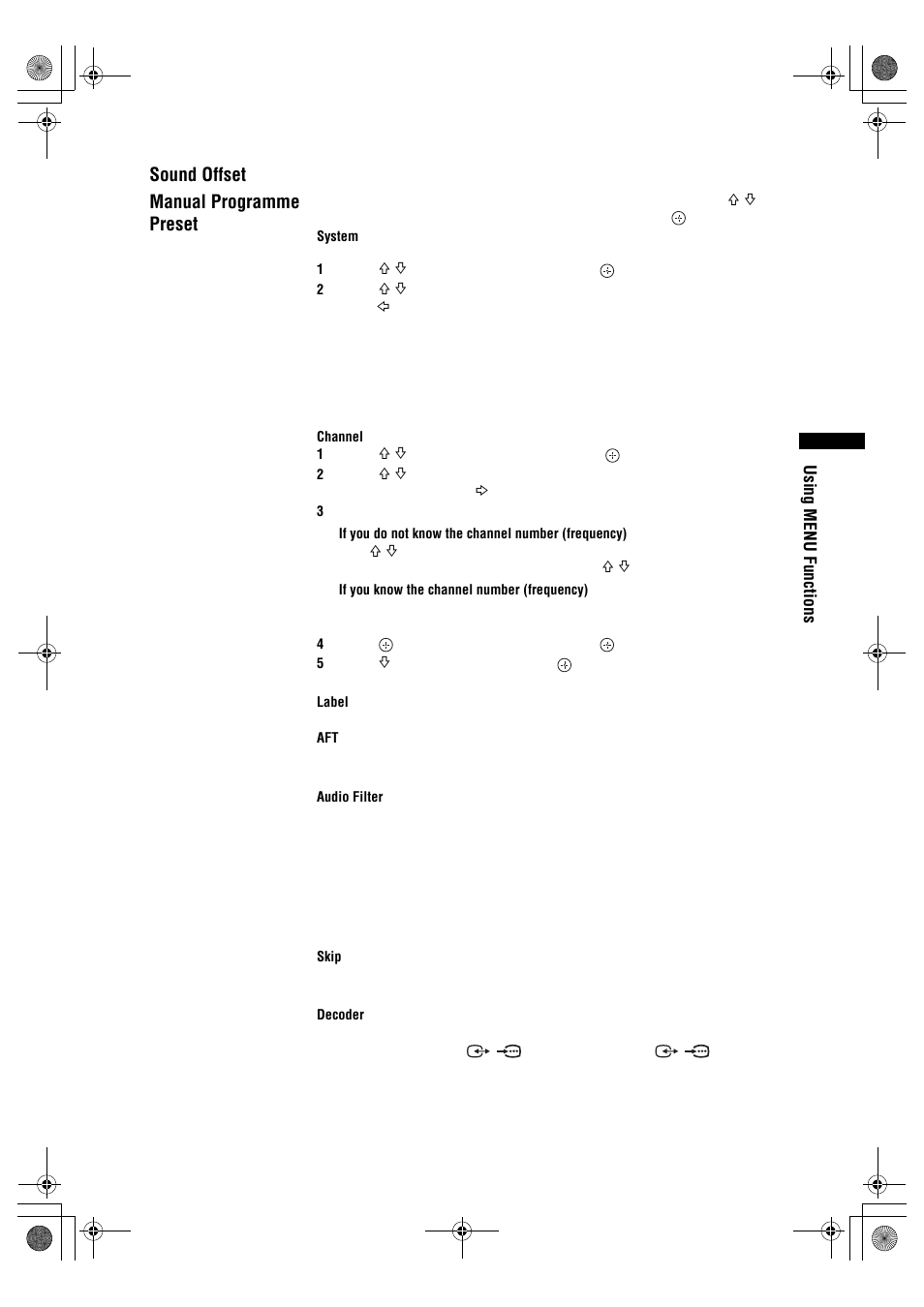 Sound offset, Manual programme preset | Sony BRAVIA KDL-26P25 User Manual | Page 21 / 83