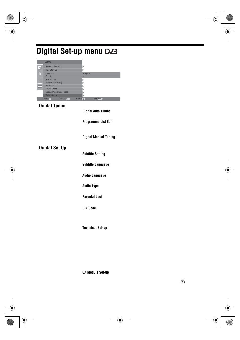 Digital set-up menu, Digital tuning, Digital set up | Sony BRAVIA KDL-26P25 User Manual | Page 22 / 83