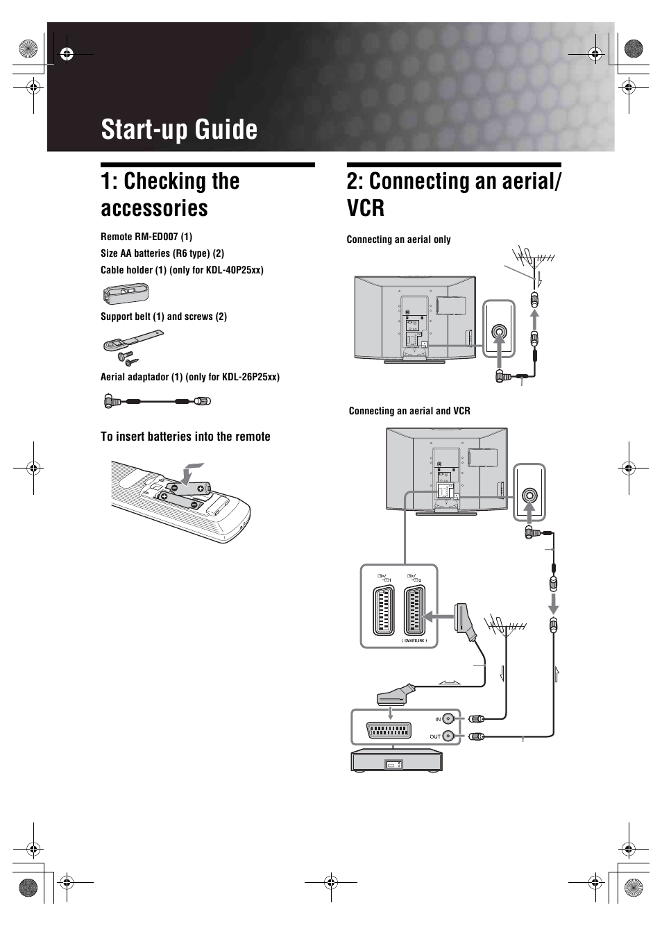 Start-up guide, Checking the accessories, Connecting an aerial/ vcr | Sony BRAVIA KDL-26P25 User Manual | Page 4 / 83