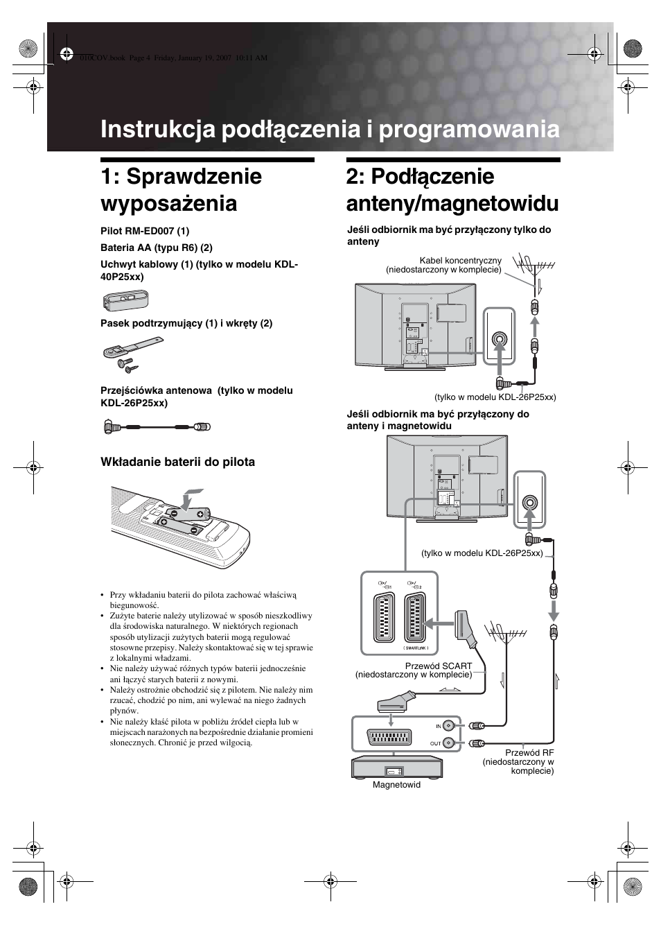 Instrukcja podłączenia i programowania, Sprawdzenie wyposażenia, Podłączenie anteny/magnetowidu | Sony BRAVIA KDL-26P25 User Manual | Page 58 / 83